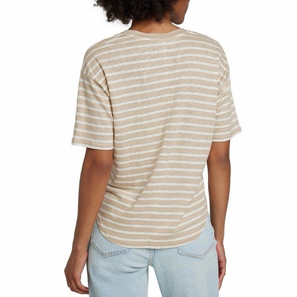 Faherty Oceanside Linen V-neck Tee Women Size SMALL Relaxed Hampton Stripe - Picture 2 of 10